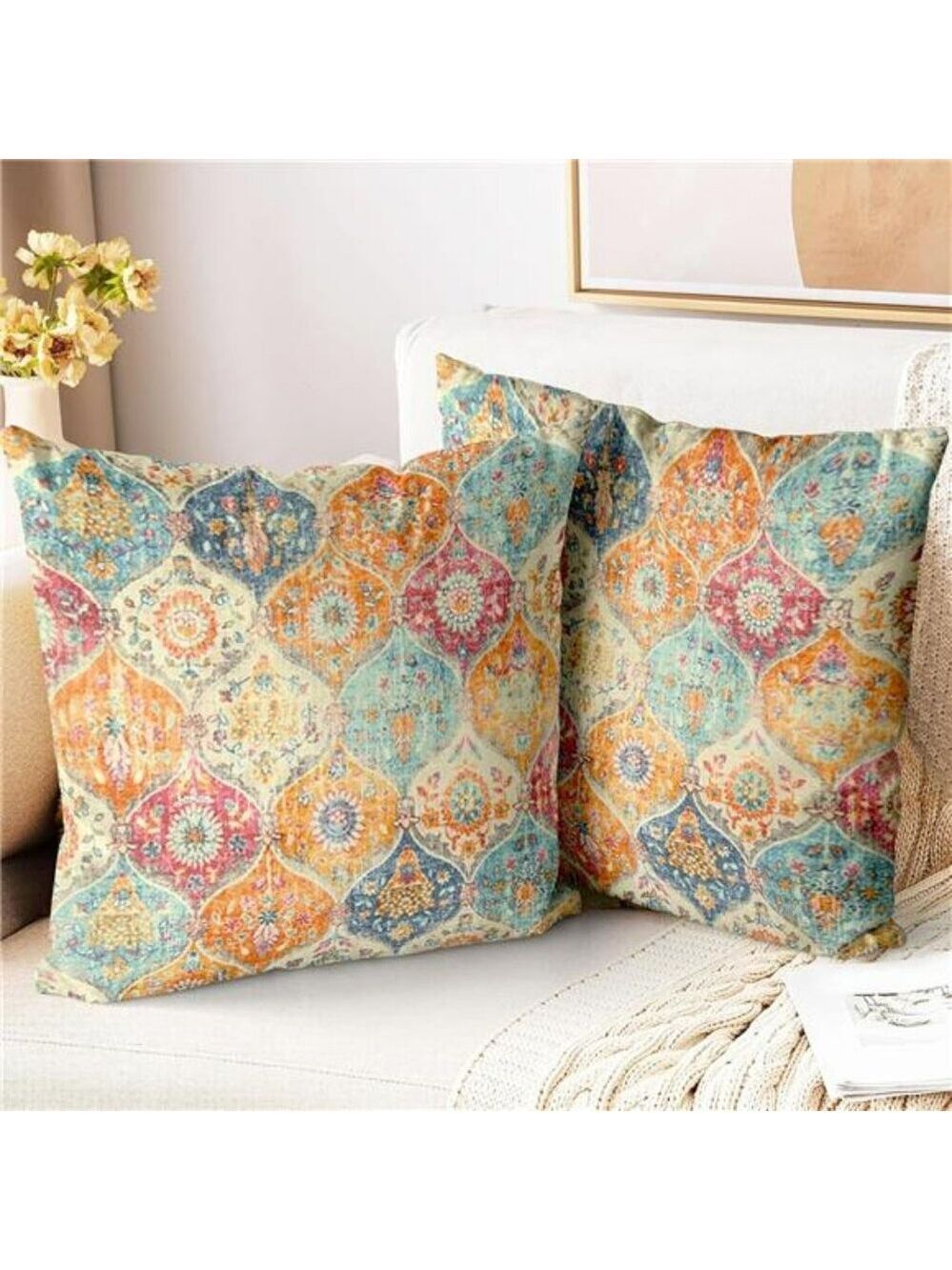 Boho Throw Pillow Covers 18x18 Set of 2 Cream Soft Decorative Square Sofa Cushio